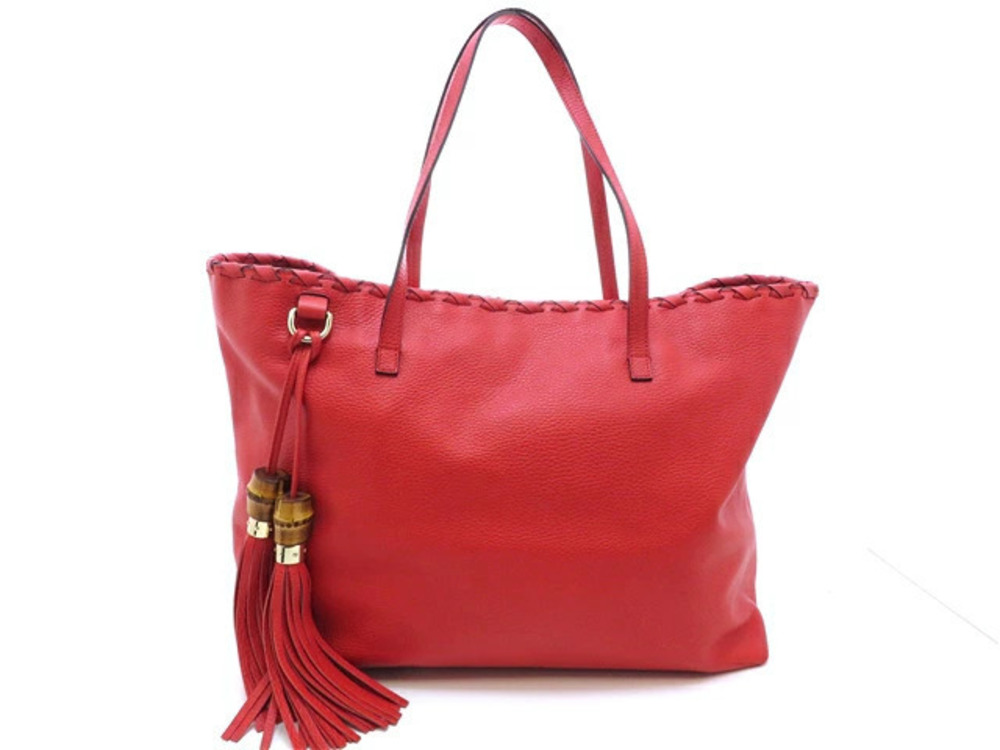 Gucci Bamboo Fringe Tassel Tote Bag Red Shoulder Calfskin Embossed Leather